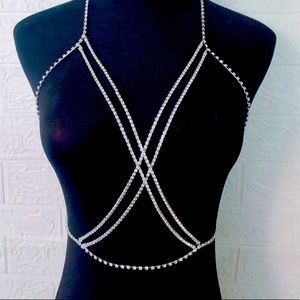 Rhinestone harness body jewelry, double chain cross, crystal bra top. New